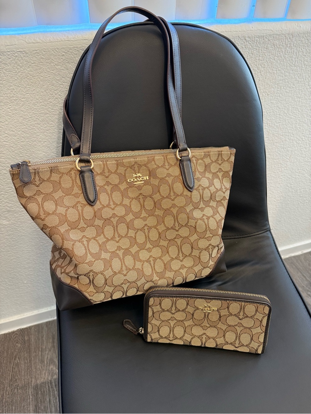 Coach Signature Jacquard Canvas Tote and Wallet Set in Brown